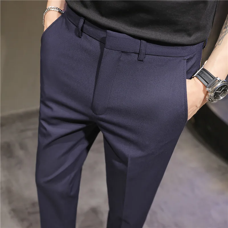 2025 Summer Thin Navy Blue Micro Elastic Ankle-Length Pants for Men, Khaki Small Footed Men's Casual Cropped Trousers,Asian Size