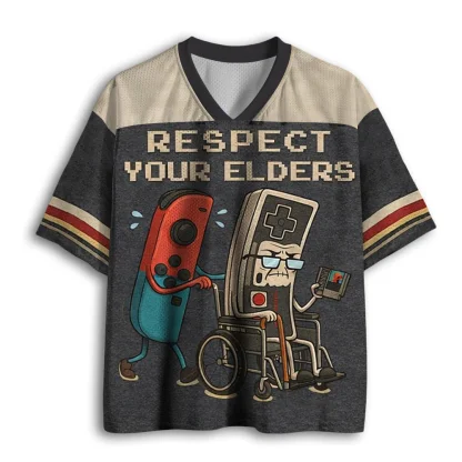 Funny Game Controller Print Mesh Jersey V Neck Short Sleeve Casual Tee Shirt