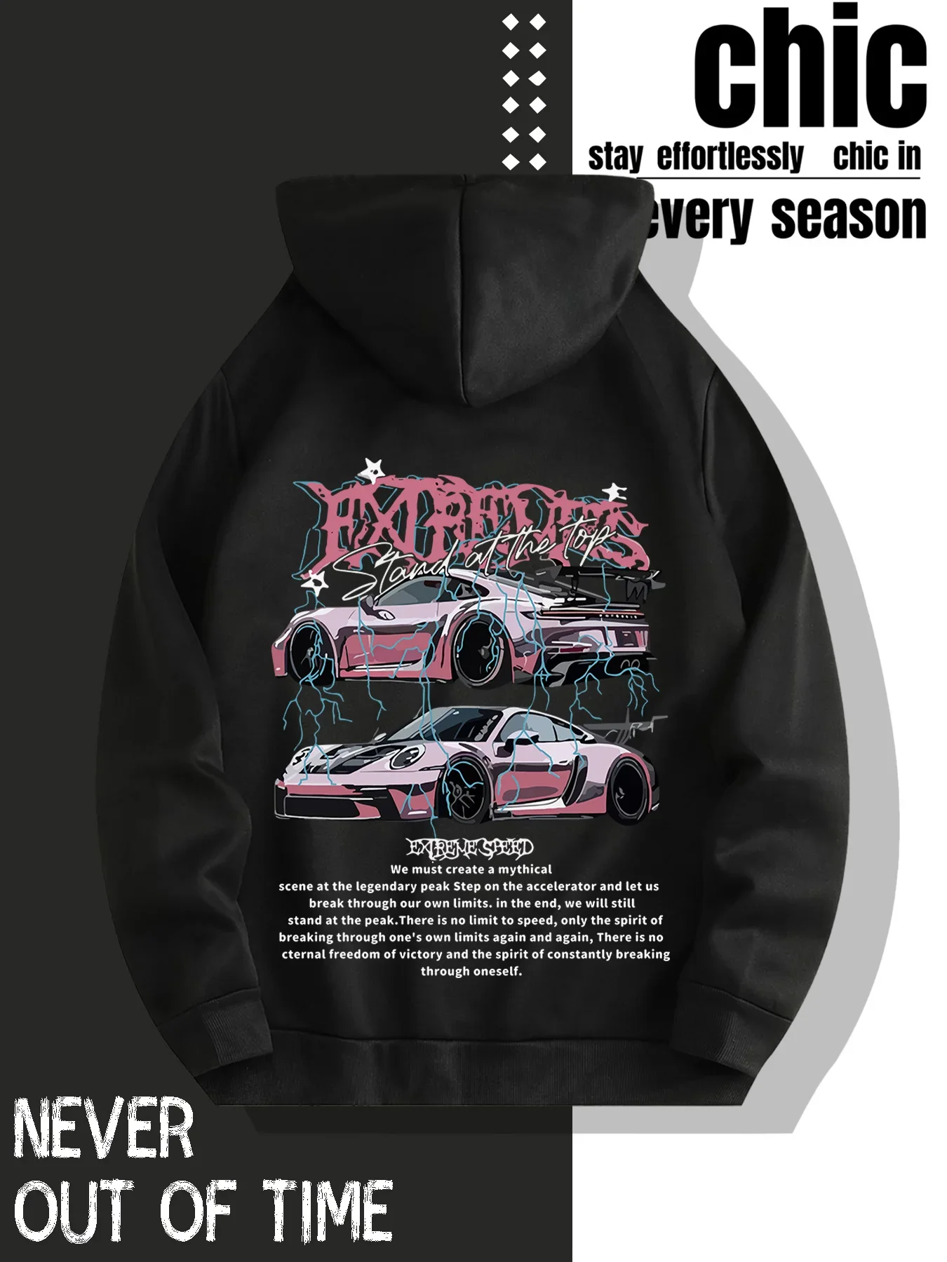 Trendy Retro Pink Racing Car Lightning Back Graphic Hoodie For Men Women Unisex Loose Streetwear Pullover Autumn Winter Fleece