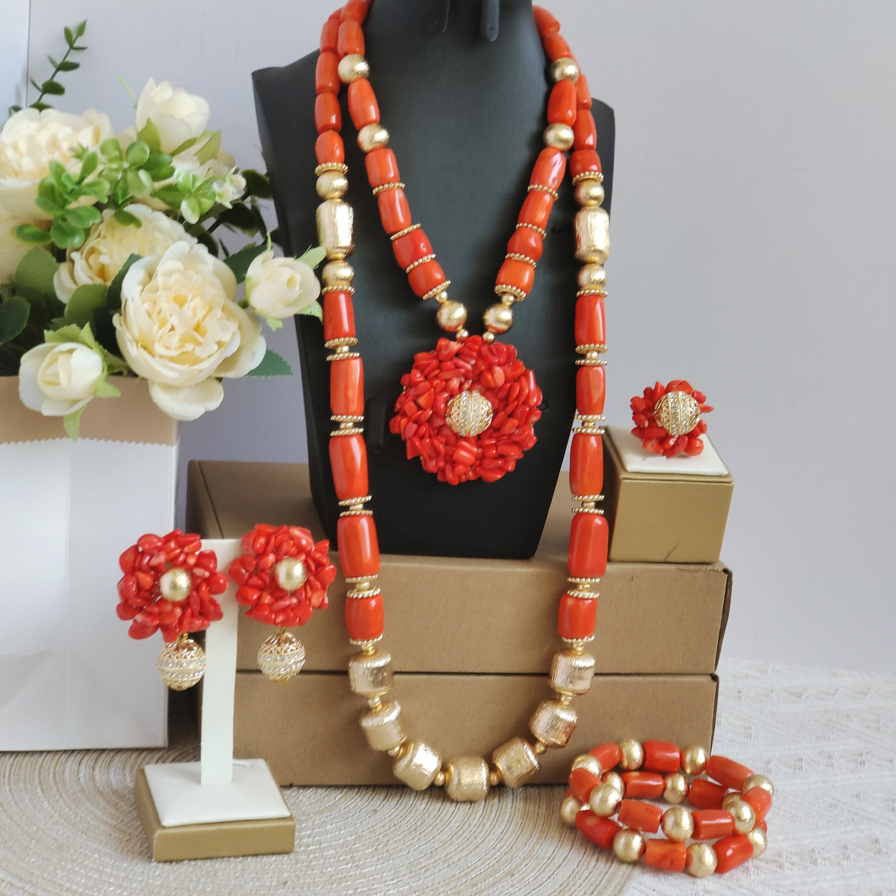 Aczuv orange coral beads natural original nigerian wedding african jewelry sets