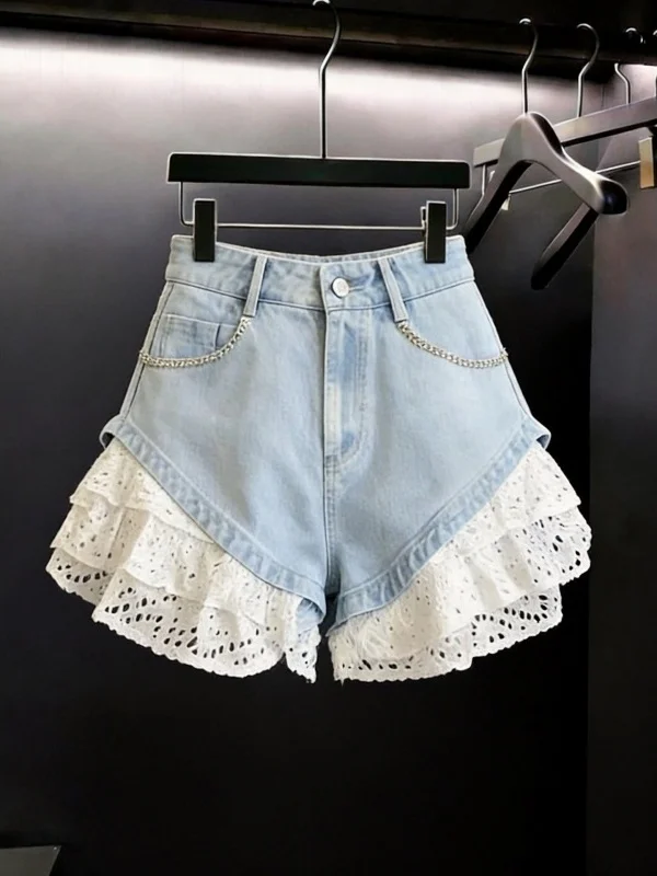 High Waist Lace Splice Washed Denim Shorts Women's Light Color Slimming Short Length Hot Pants Korean Style Commute Casual Su... image 3