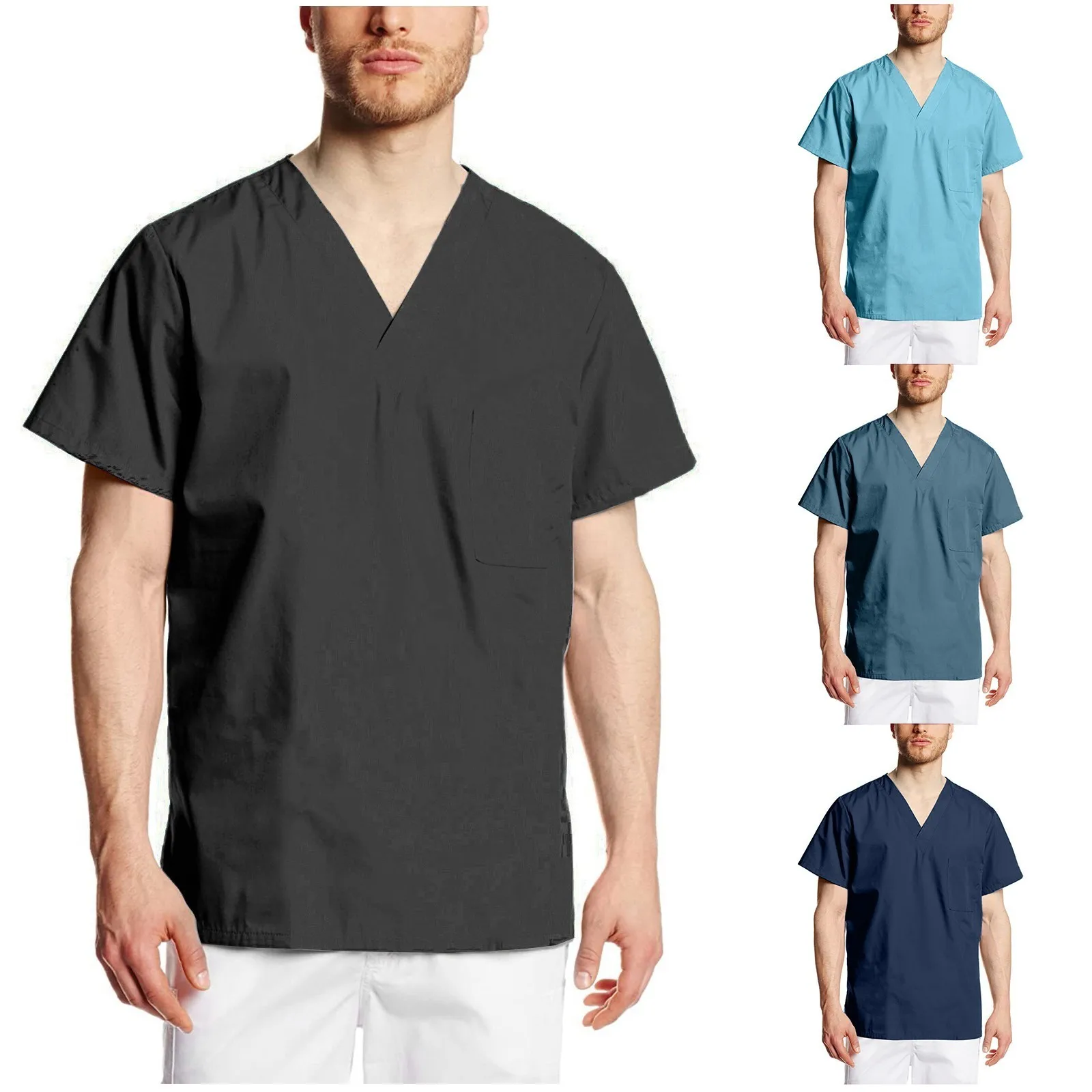 Medical Uniform Mens Nurse Tunic Scrubs Solid V Neck Short Sleeve Blouses Hospital Tops Surgical Workwear Male Dentist Tee