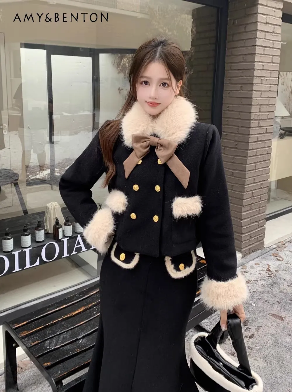 

2025 Autumn Winter New Korean Style High-End Woolen Long Sleeve Coat Black High Waist Long Skirt Two-Piece Set