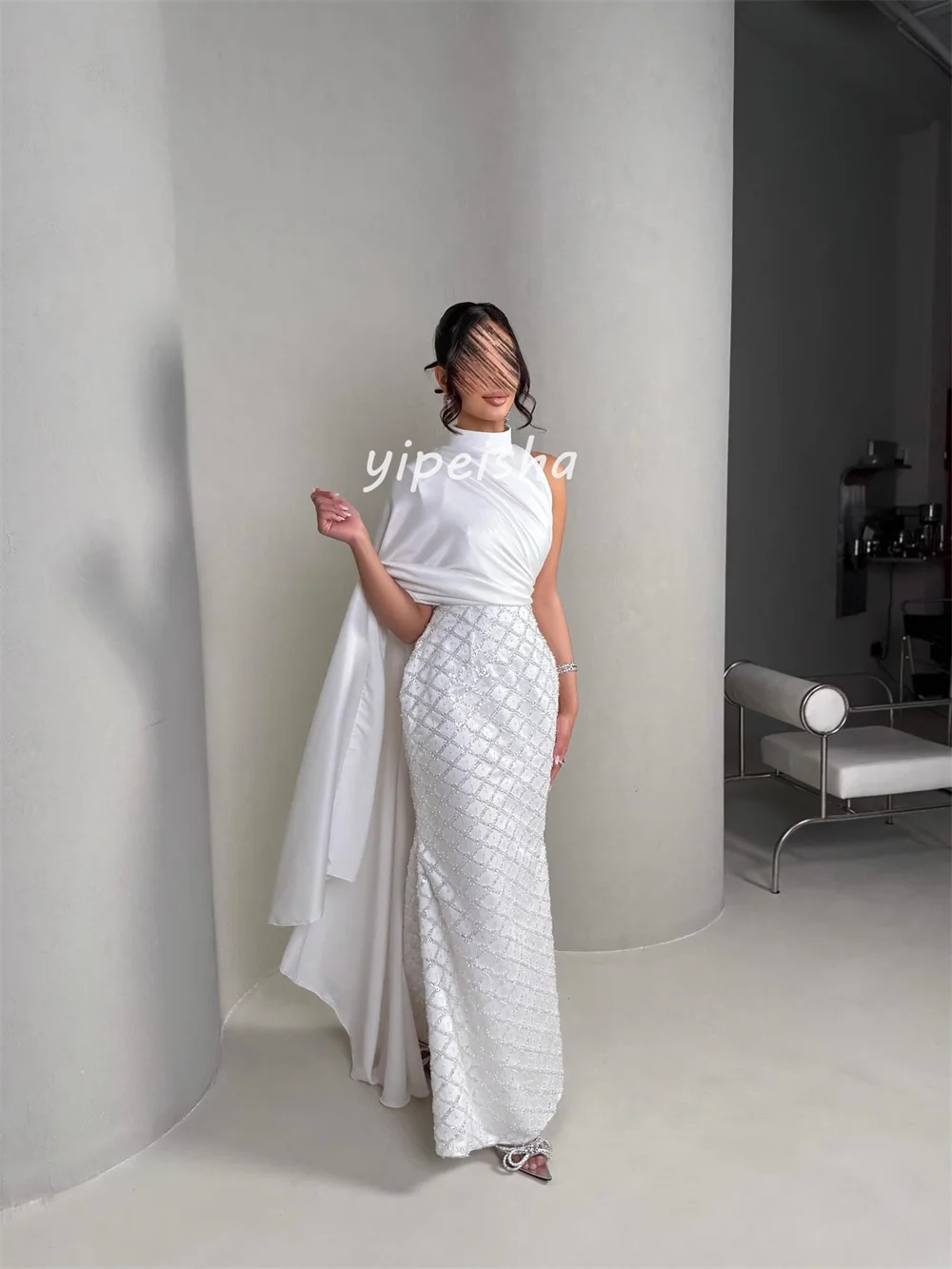 カスタマイズされた高品質のクラシックスパンコールプリーツマーメイドハイカラーロングドレスオーダーメイドオケージョンドレスモダンスタイル絶妙な