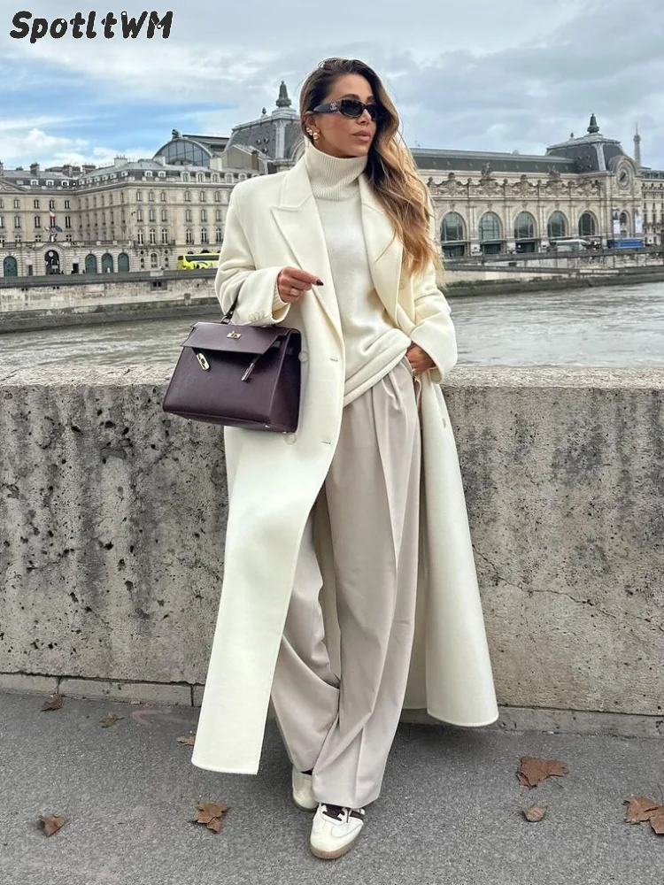 Abrigo largo de lana de manga larga con solapa blanca elegante para mujer, abrigo informal a la moda con botones, ropa de calle para ir al trabajo para Otoño e Invierno