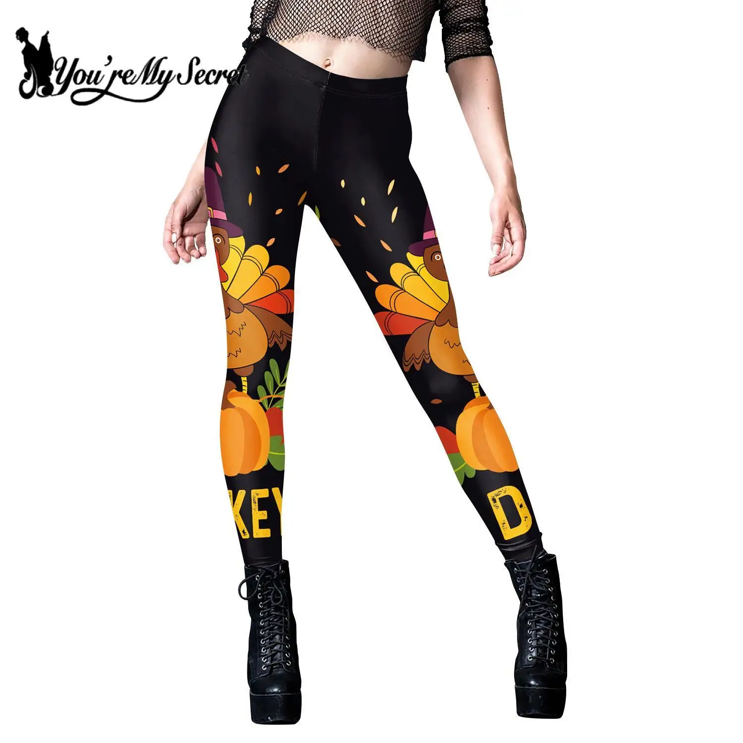 

[You're My Secret] Women Print Leggings Thanksgiving Days Holiday Party Sexy Tights Turkey Pants Female Mid Waist Seam Trousers