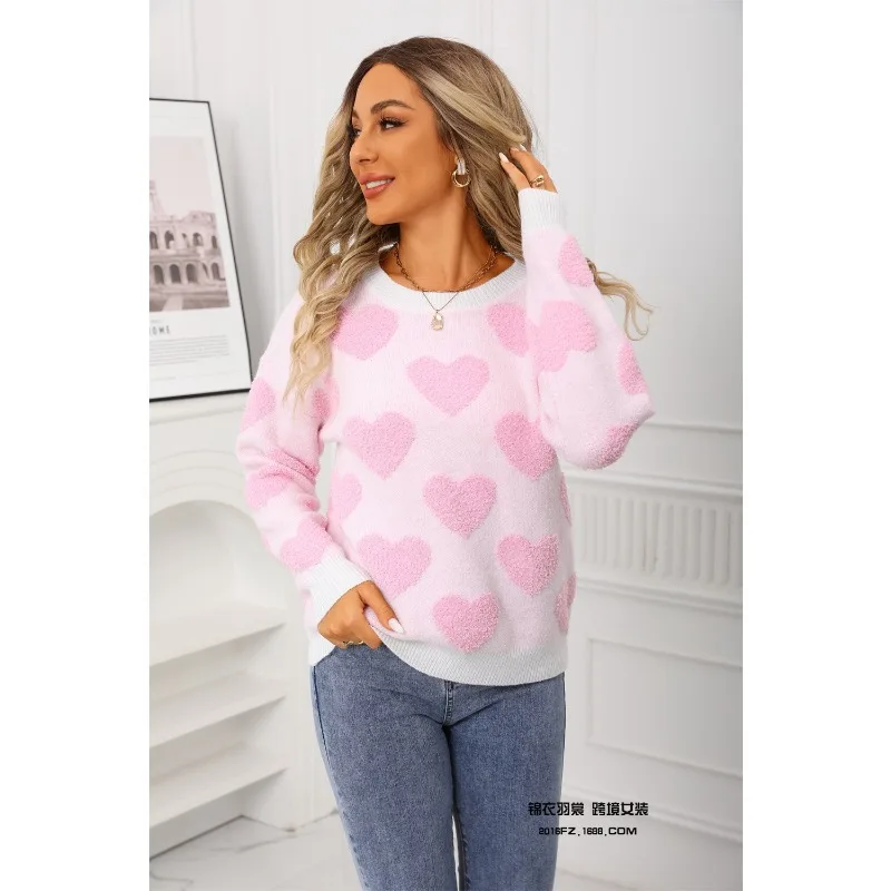 

Новый осенне-зимний женский свободный топ с круглым вырезом, пуловер Love, жаккардовый свитер с персиковым сердечком