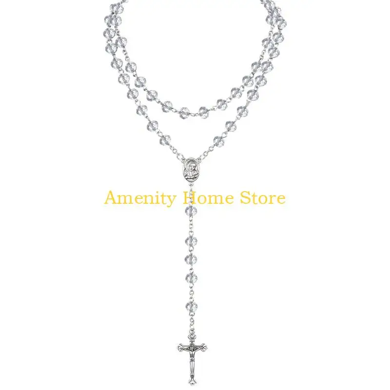 F26C Beads Catholic Rosary Necklace Crystal Bead Rosary with Miracles Medals Crucifix Crosses Gift for Women Men Prayer Rosary