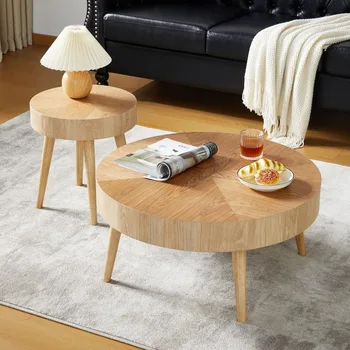 Image Nesting Round Coffee Table Set of 2, Farmhouse Modern Coffee Table, Natural Wood Nesting Tables Boho Side Table End Table Set