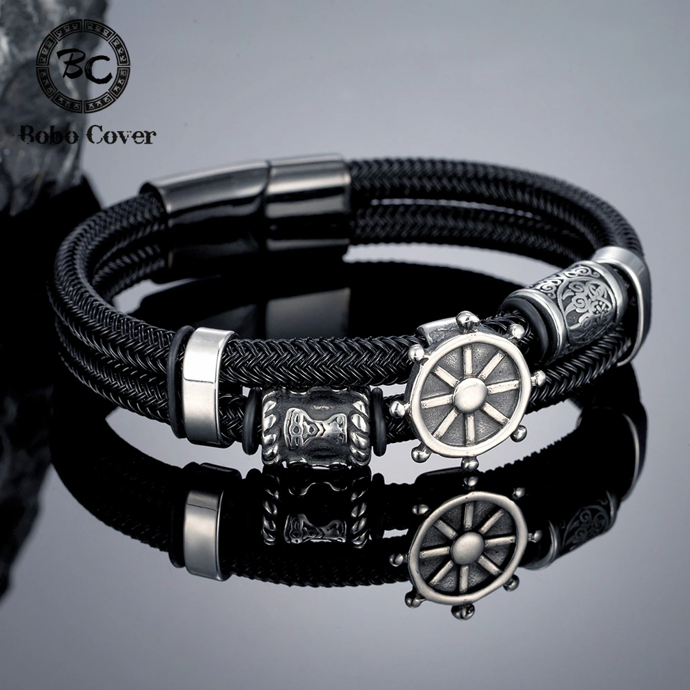 Wikinger-Ruder Doppelschichtige Drahtseil-Armbänder Herren Mode Edelstahl Nordische Runen Armreif Amulett Paar-Schmuck Männergeschenke