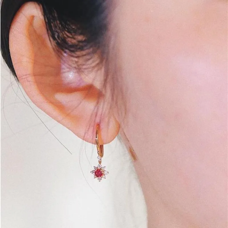 Exquisite and Light luxury Sunflower Ruby Drop earrings for women vintage Design Bride Earings High quality Fine Jewelry Gift image 2
