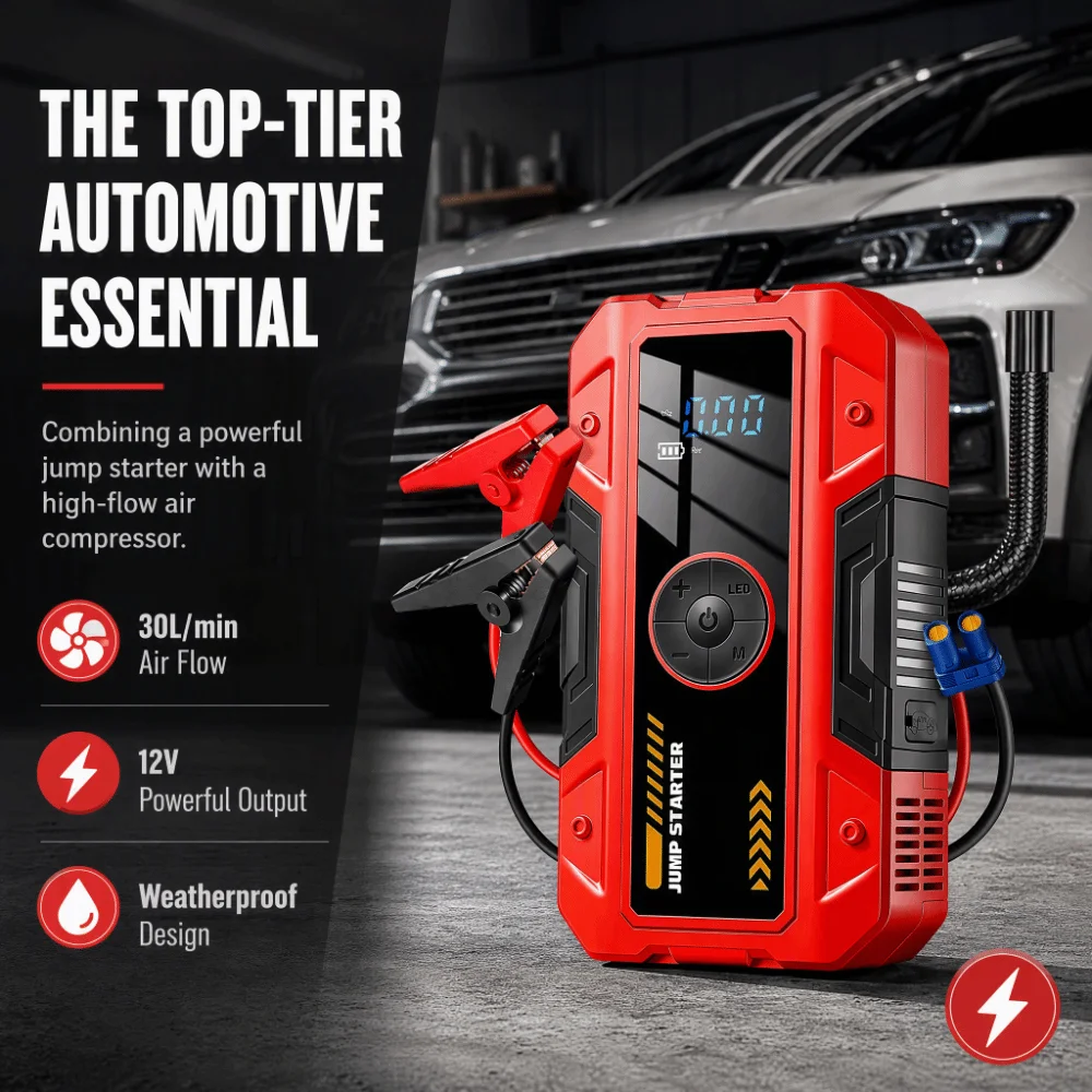 Digital Display Jump Starter Rechargeable Weatherproof Tire Inflator LED Light 12V Cordless Portable Power Bank