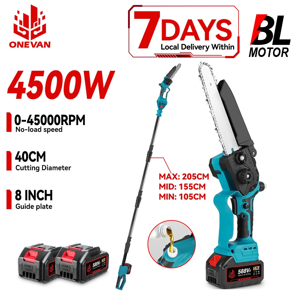 ONEVAN 4500W Brushless Elettrico Telescopico Palo Motosega 8 Pollici Branello Alto Sega Albero Potatura Attrezzi Da Giardino Per ONEVAN 18V Batteria