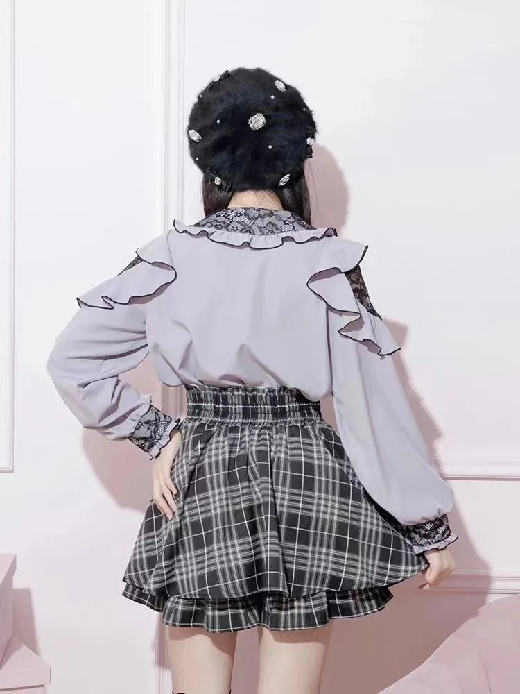 일본 오리지널 로리타 레트로 스위트 레이디 셔츠 대학 스타일 레이스 프릴 엣지 오프 숄더 긴팔 다목적 셔츠