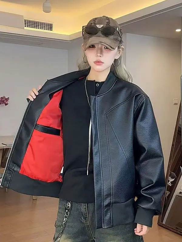 

Мужская ветрозащитная без железа свободного покроя с бейсбольным воротником в американском стиле, кожаная куртка, осенняя верхняя одежда для пар