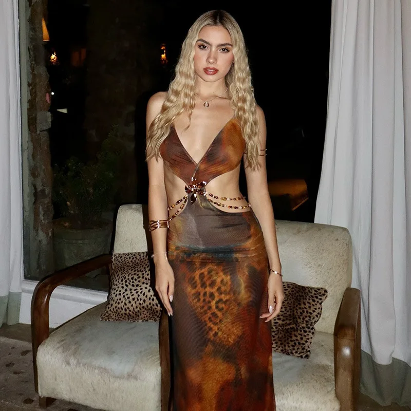 

Irregular Hollow Pearl Chains Patchwork Maxi Dress Beach Vacation Robe Women Sexy See Through Lace-Up Halter Backless Vestidos