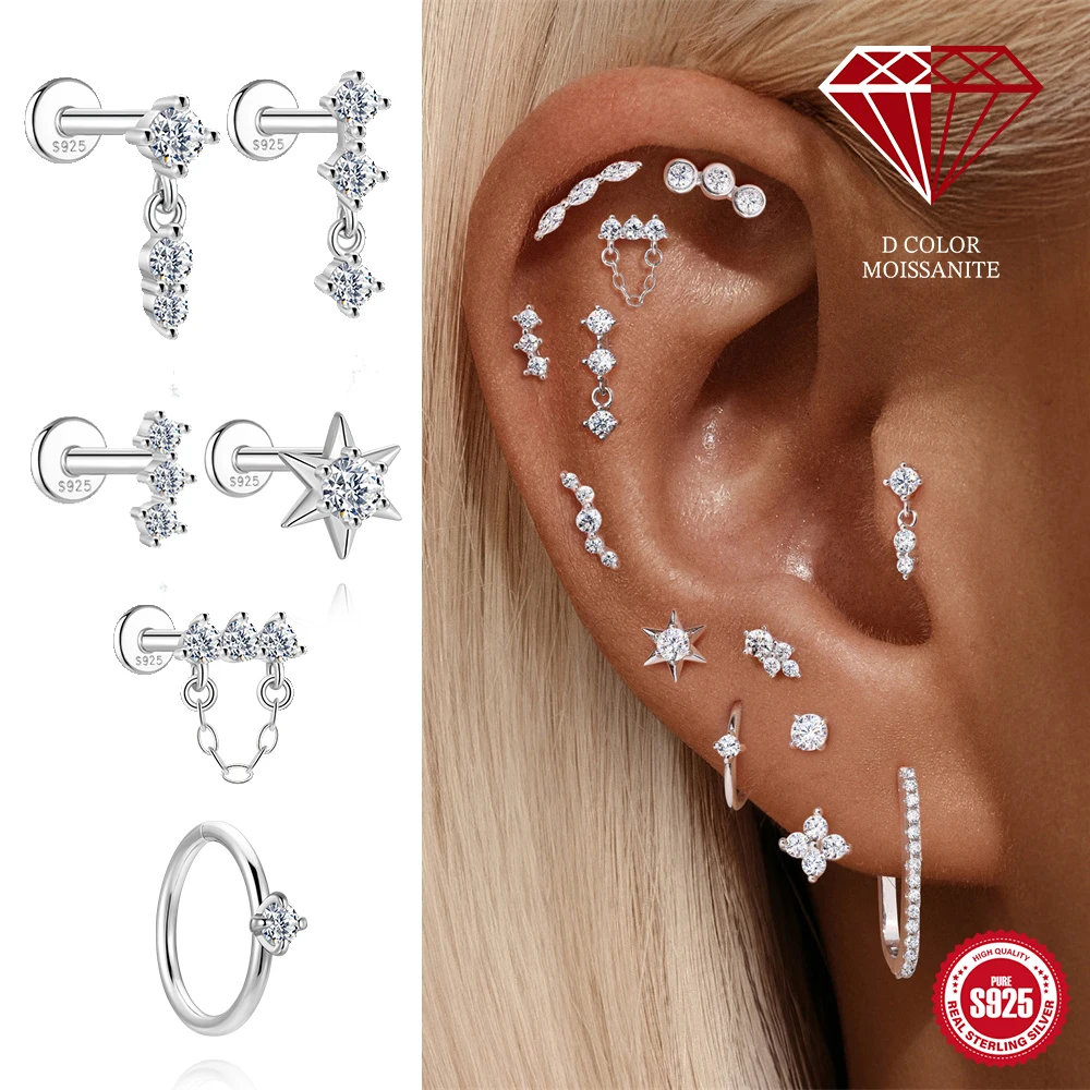 CANNER 925 Sterling Silver Shiny Moissanite Star/Flower Tassel Piercing Earrings For Woman Party Wedding Helix/Tragus Jewelry