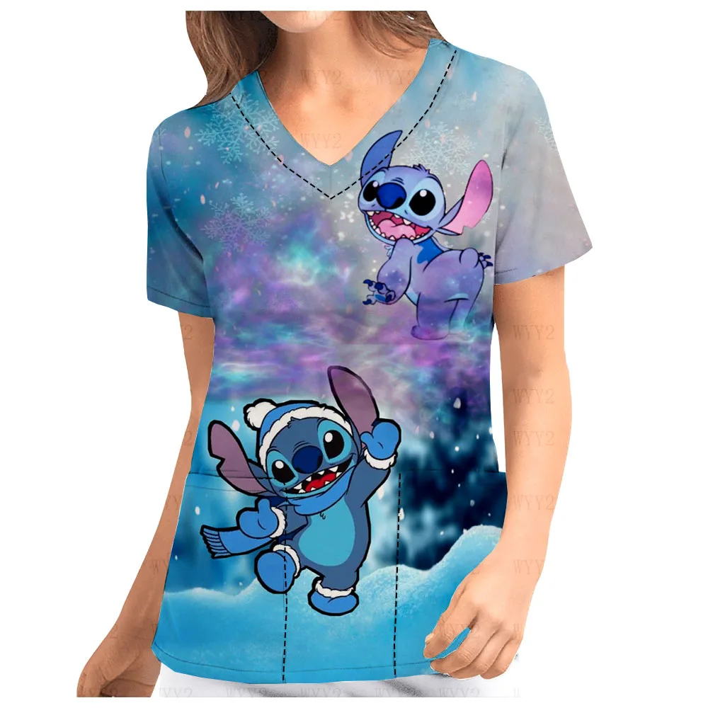 Nursing Accessories Dental Clinic Beauty Salon Work Clothes Disney Stitch Cute Print Women's V-Neck Print Scrub Top