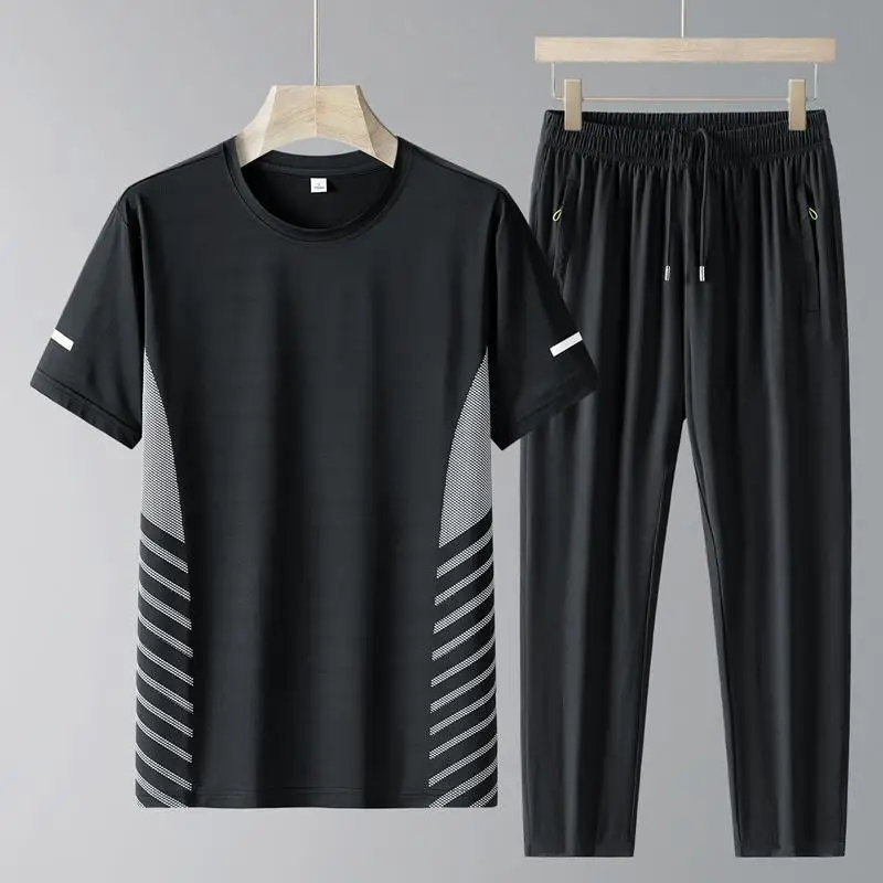 Fashion Summer New Quick Dry Striped Sports Sets Short Sleeved T-shirt Men Elastic Waited Straight Casual Trousers Thin Suit