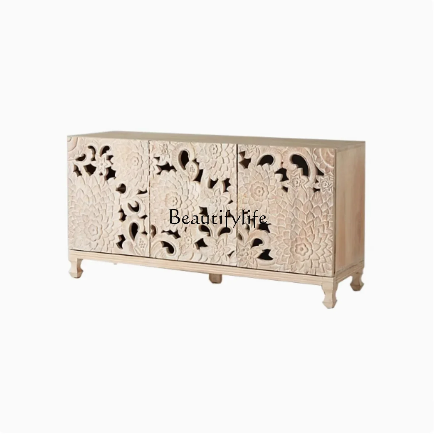

yj19 American Retro Solid Wood Hollow Carved TV Cabinet French Country Vintage Decorative Entryway Sideboard Storage Cabinet
