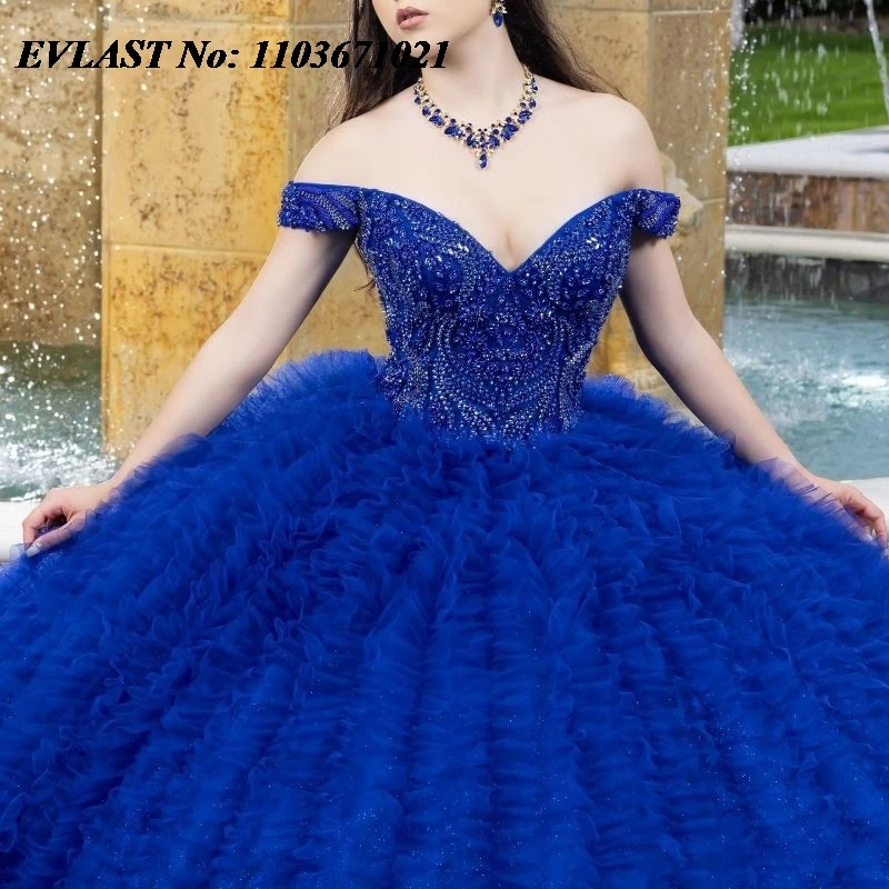 EVLAST Customized Mexico Royal Blue Quinceanera Dress Ball Gown Lace Applique Beads Corset Sweet 16 Vestidos De XV 15 Anos SQ137