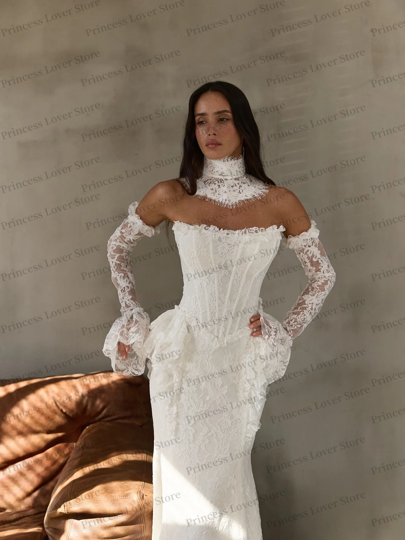 Ivory Mermaid Wedding Dresses Bustier Corset Long Sleeves Lace Appliqued Bridal Gown Luxury Party Dress Customized
