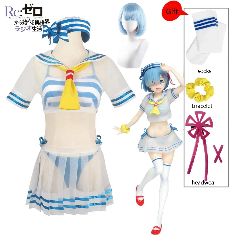 ABC123Rem Anime Re:Zero - Empezar de Cero en un Mundo Diferente, Disfraz de Cosplay de Ram, Peluca, Traje de Baño de Verano, Uniforme de Sirvienta/Marina Ss,3'f.5;j.8