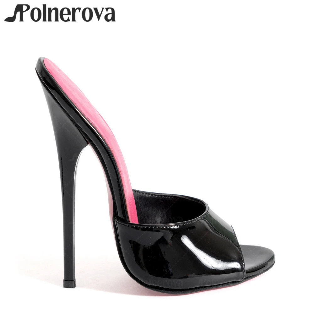 16cm Black Patent Leather Extreme Mules Lacquered Empire High Heel Slippers Sexy Style Peep Toe Slippers Fuchsia Sole Stilettos