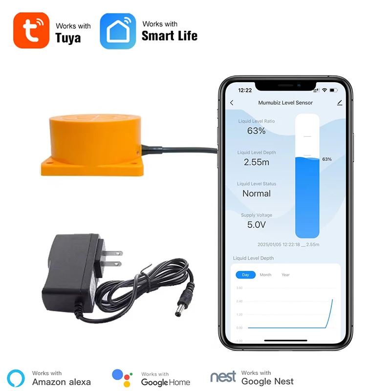 Tuya Smart WiFi Ultrasonic Liquid Level Water Tank Monitor Sensor with Real-time Alarm Notification IOS Android APP Control
