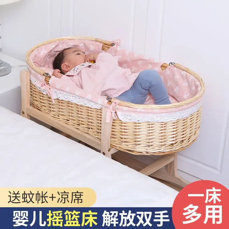 Baby Carrying Basket Cradle Bed Rattan Woven Newborn Carrying Basket Car Mounted Sleeping Basket Baby Bed Portable for Babies