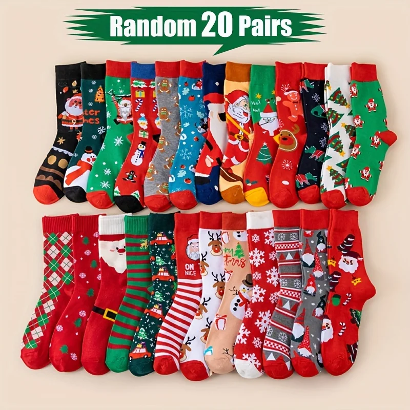 Random 20 Pairs of Christmas Stockings, Santa Claus Gift, Snowman, Reindeer, Multi-element Christmas Stockings