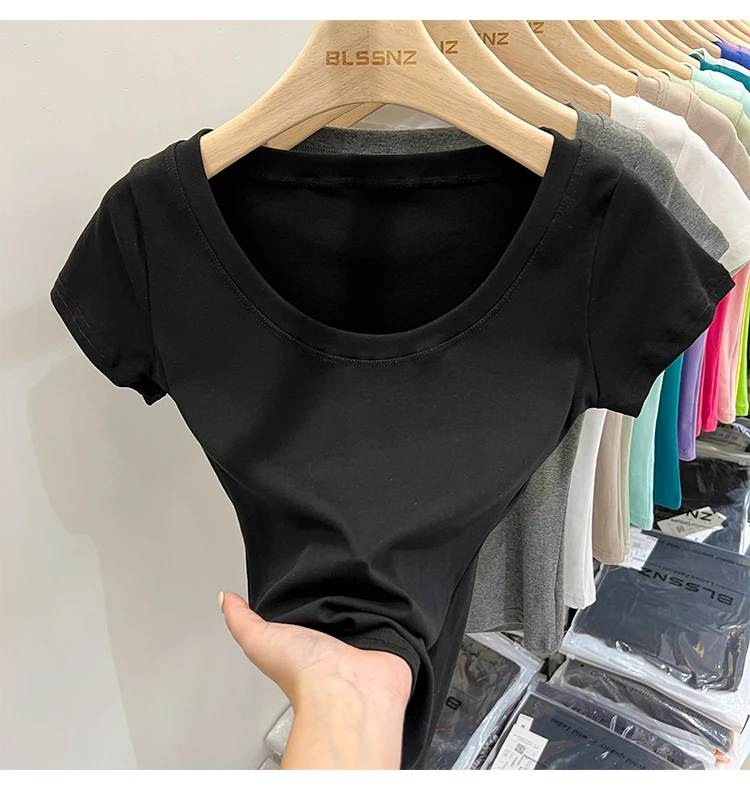 2026 Sexy Quadratischer Ausschnitt Slim T-Shirt Damen Baumwolle Elastisch Basic Einfarbig Lässige Oberteile Kurzarm Dünne T-Shirts Transparent – Detail 37