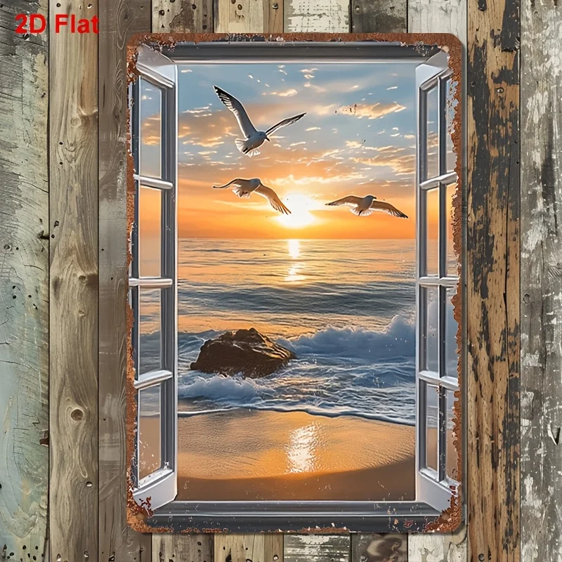 2D Flat, 1pc 2D Flat Metal Decorative Paing, Seagull Flying Over Sunset Beach Ocean Window View Pattern, Suitable for Home Li
