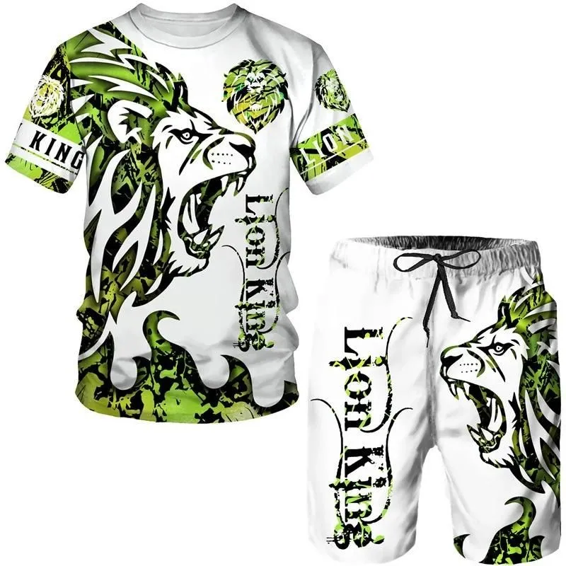 New men\'s sportswear set with summer animal pattern T-shirt set 3D printed animal short sleeve two-piece set O-neck T-shirt set