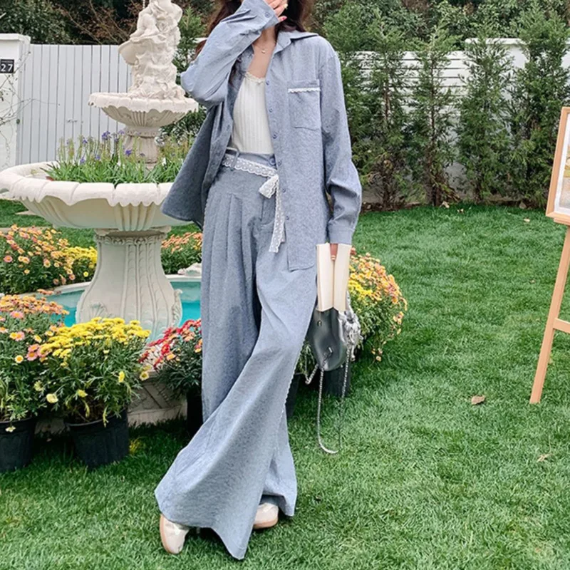 EAEOVNI Lace Patchwork Design 2 Piece Set Women Fashion Long Sleeve Shirt + Wide Leg Trousers Casual 2025 Autumn New Clothing