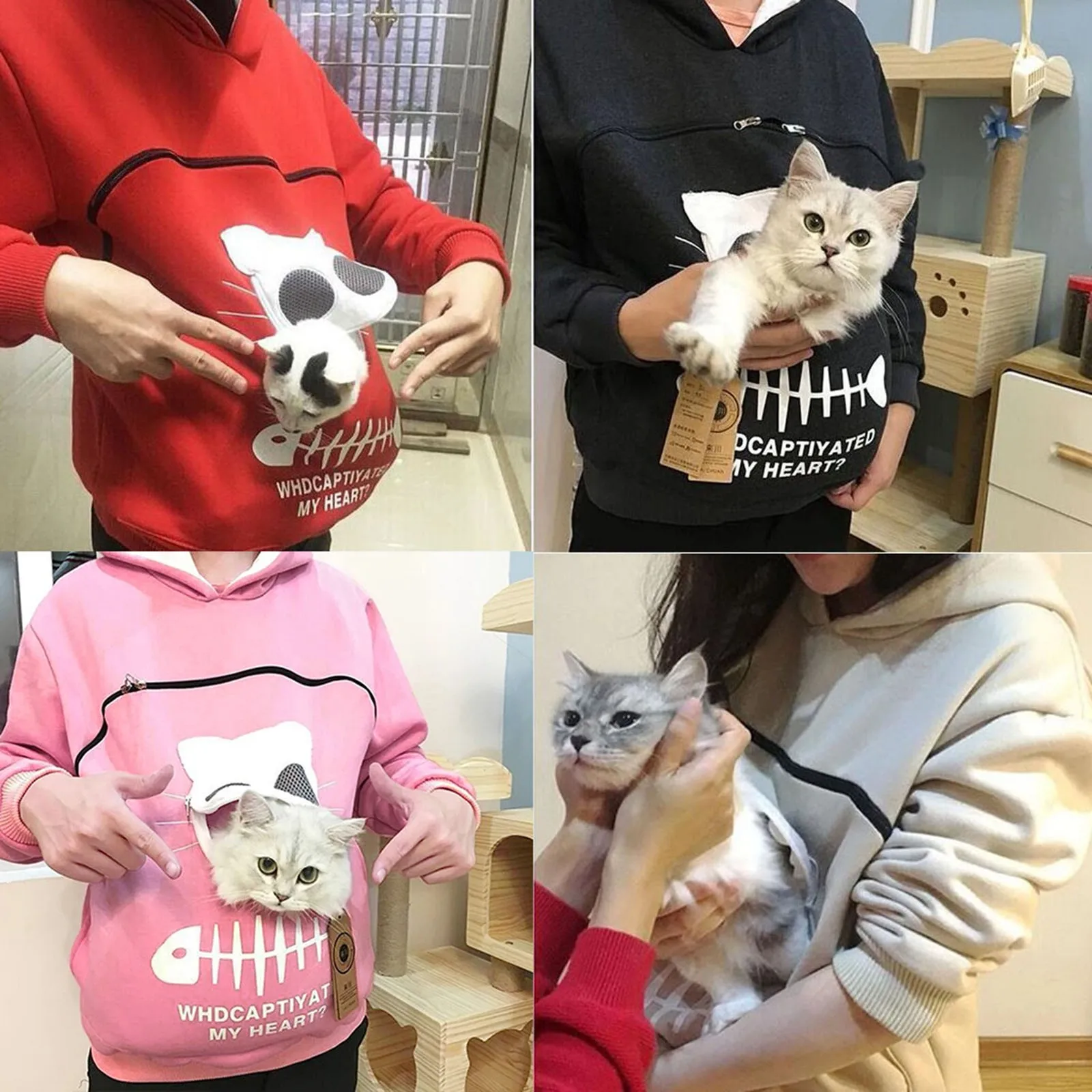 Tops Cat Pouch Hood Pullover Women’s Carry Blouse Animal Loose  Breathable Zipper Long Sleeve Sweatshirt