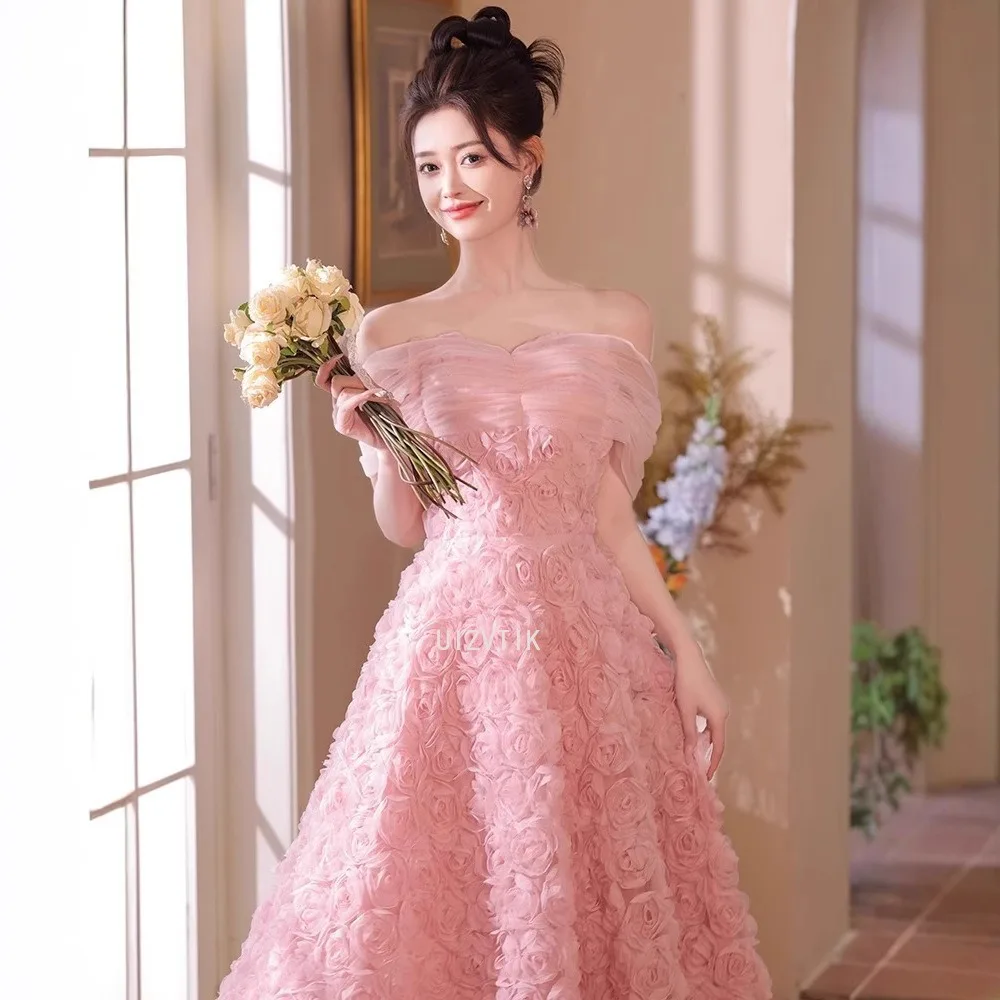 

Pink Floral Applique Evening Dress for Wedding Party Dress Tulle A-line Off the Shoulder Puffy Prom Dress Elegant Party Dresses