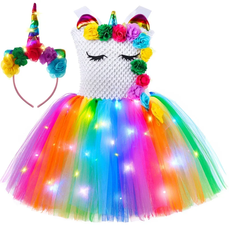 Girls unicorn dress LED light up rainbow flowers Princess Tutu dress baby girl birthday party clothes Halloween costume for kids