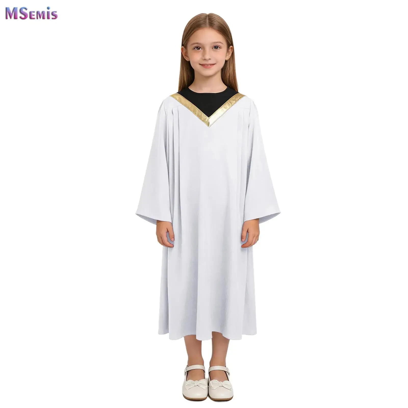 

Boy Girls Church Choir Worship Praise Dance Robe Halloween Christian Pastor Priest Cosplay Costume Long Flared Sleeve Gown Dress