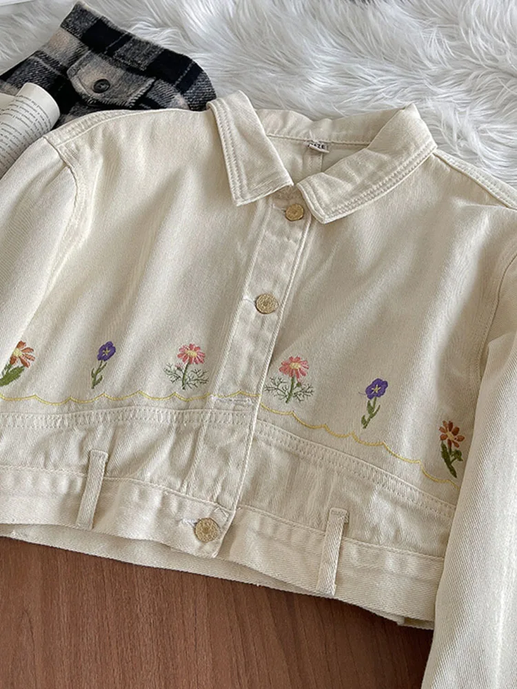 

Women Spring Autumn Turn-down Collar Single Breasted Denim Jacket Apricot Flower Embroidery Fresh Sweet Denim Short Coat