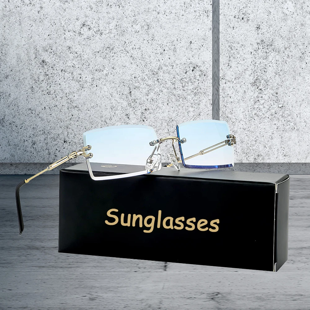 Men's Sunglasses Retro Sunglasses for Men Women Tinted Lens Metal Frame Vintage Rimless Rectangle Glasses UV400 Protection image 3