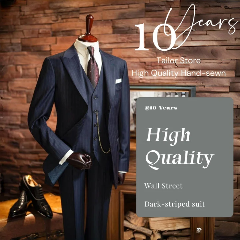 

Wall Street Classic Navy Blue Men's Striped Suit 2-Piece Business Stripe High-end Men Suits Dark Pattern Vintage Wedding Banque