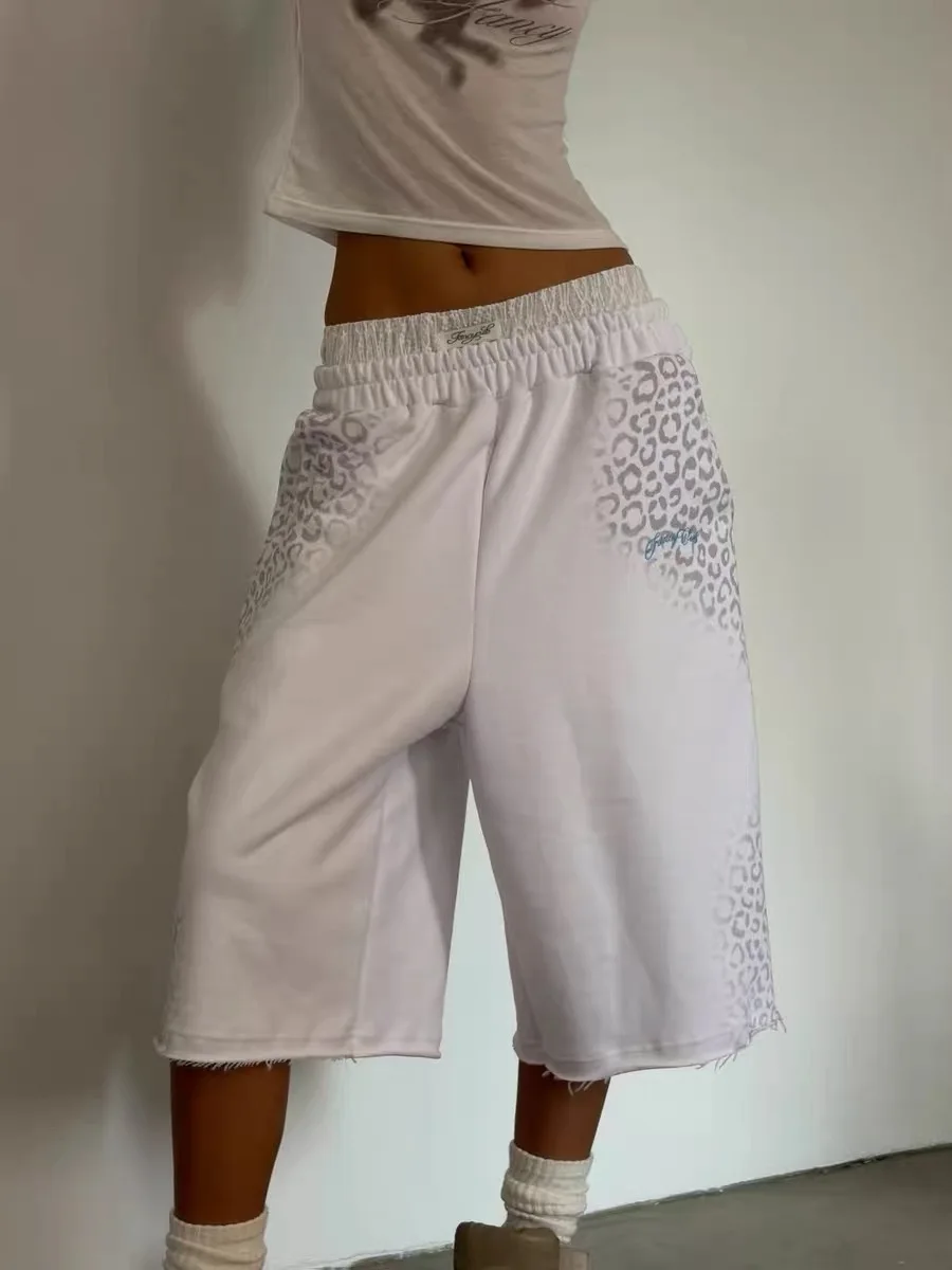 

Loose Leopard Print Bermuda Shorts Sporty Casual Cotton Straight Leg Pants for Teen Girls Summer Fashion Trend