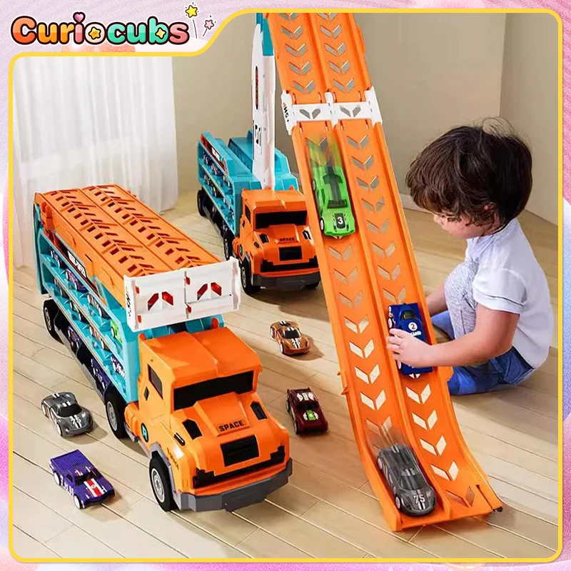 Deformed Rail Car 3 Layer Folding Freight Truck Glide Lift Racetrack Inertia Alloy Car Transport Vehicle Toy Kid Birthday Gift