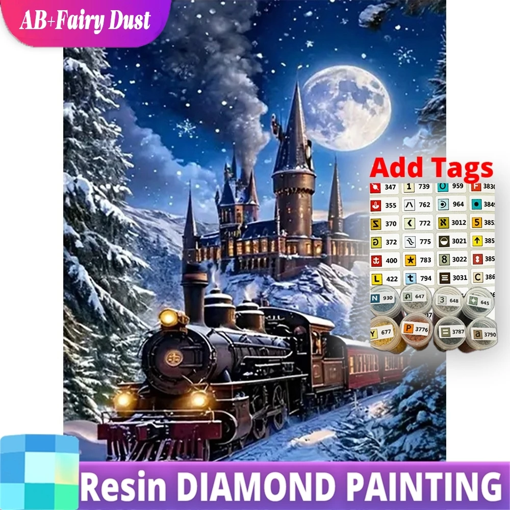 

Resin AB Fairy Dust Diamond Painting Train Full Square Round Mosaic Castle House Landscape DIY Winter Embroidery Moon Handmade G