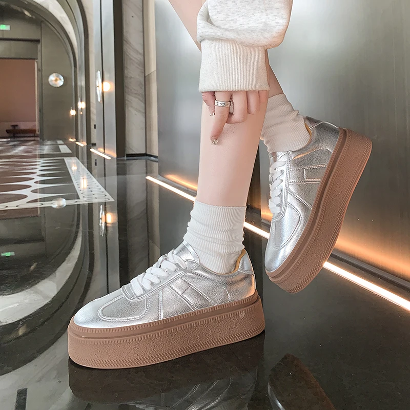 Gold Silver Fashion Women Sneakers High Platforms Comfort Casual Ladies Shoes Round Toe Cross-tied Genuine Leather Shoes Woman