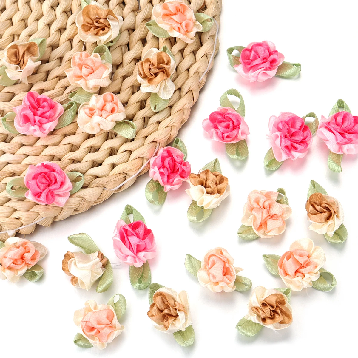 10Pcs/Lot Polyester Fabric Flowers Artificial Carnation With Leaf For DIY Crafts Sewing Supplies Clothing Headwear Decoration