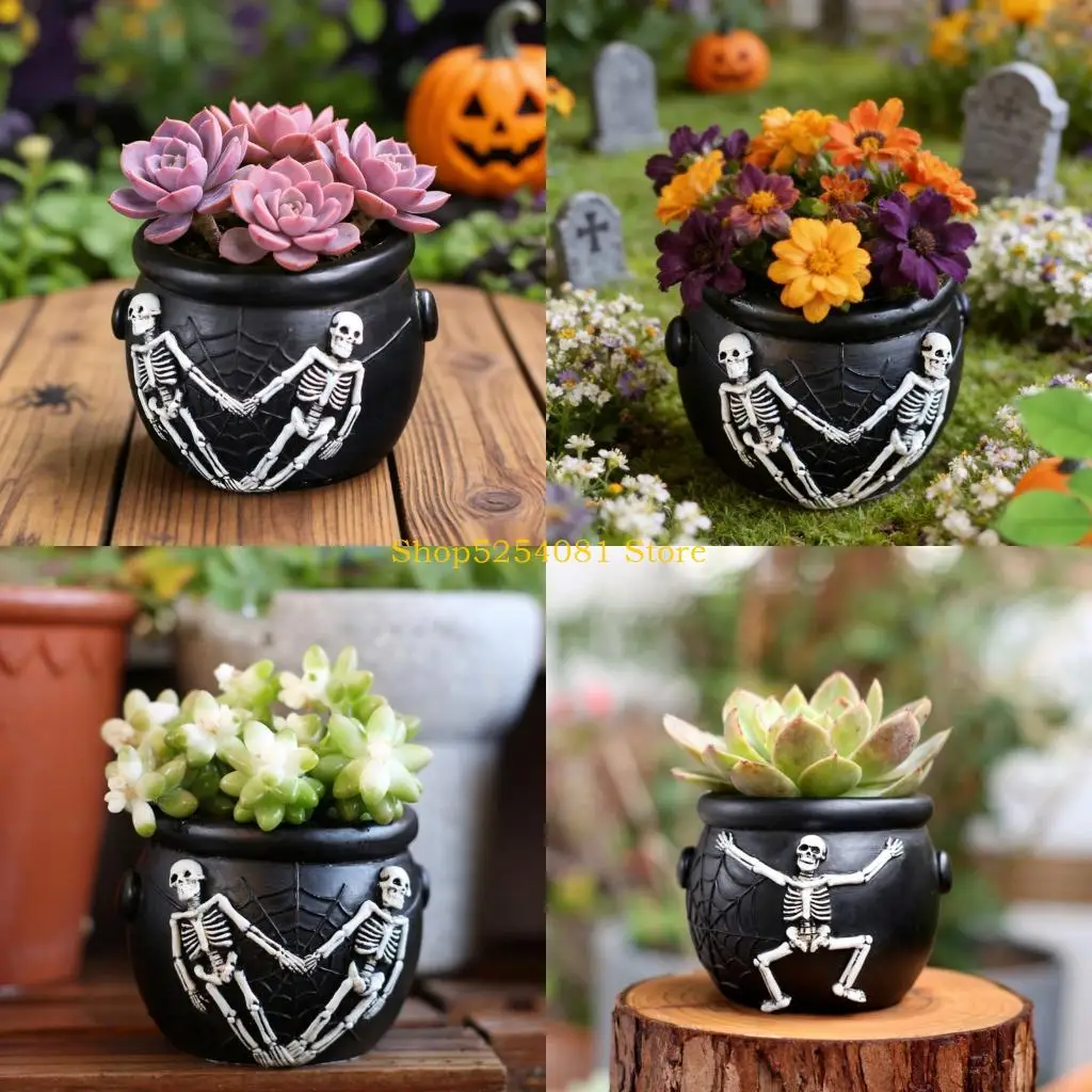 AXYC Decorative Succulents Pot for Halloween, Resins Skull Cauldron Planter with Spiderwebs Relief, Small Table Accent for Shelf