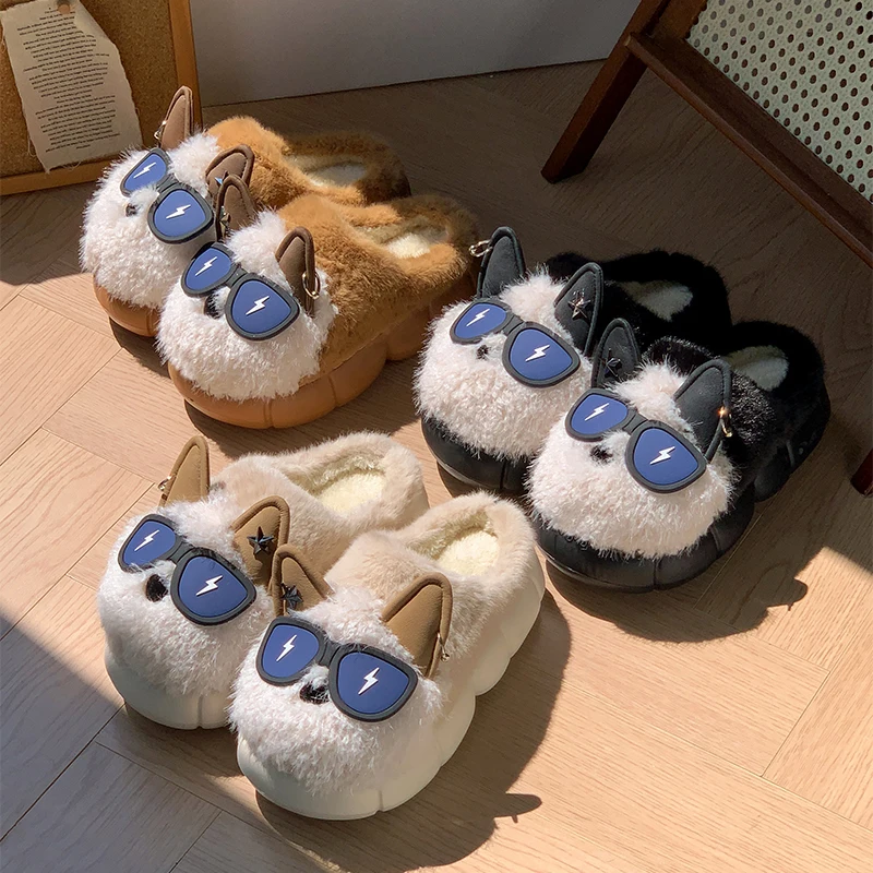 لطيف الكرتون الكلاب فروي النعال النساء أزياء مزيج اللون منصة نعال قماش للمرأة داخلي باطن لينة القطن الشريحة سيدة #5