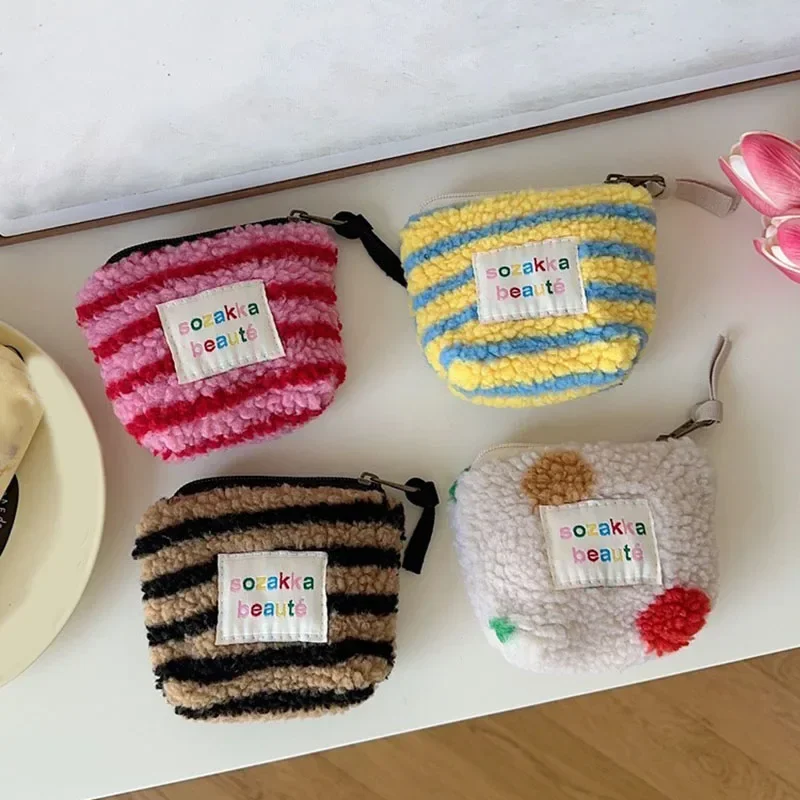 Stripes Plush Coin Purse Kawaii Cute Key Money Card Case Bags Small Coin Bags for Women Boys Girls Gift Mini earphone wallet